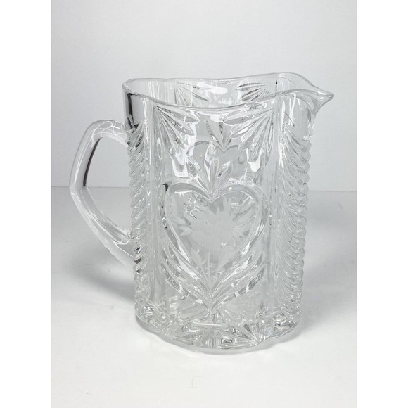 Vintage Heavy Cut-to-Clear Etched/Frosted Rose Heart Floral Crystal Pitcher, 9” - Picture 2 of 9